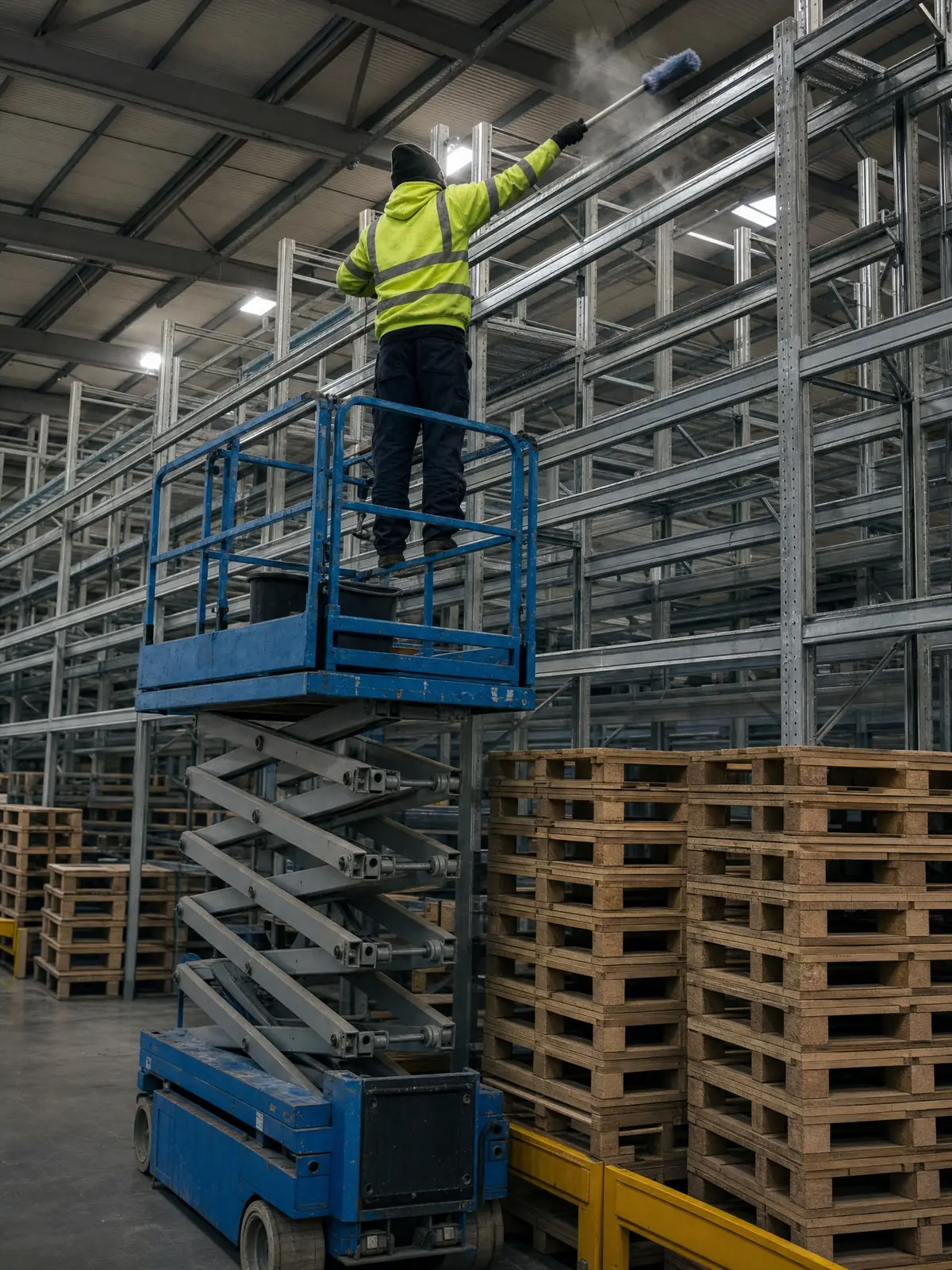 Cleaning high storage racking inside a warehouse