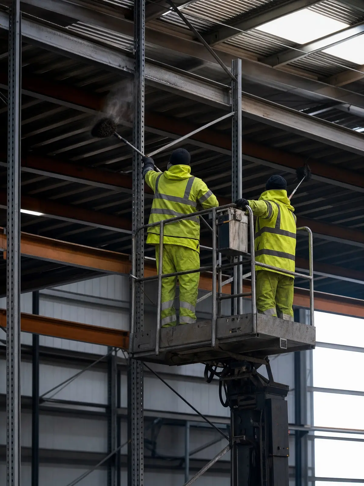 Operatives cleaning high warehouse racking from an access platform
