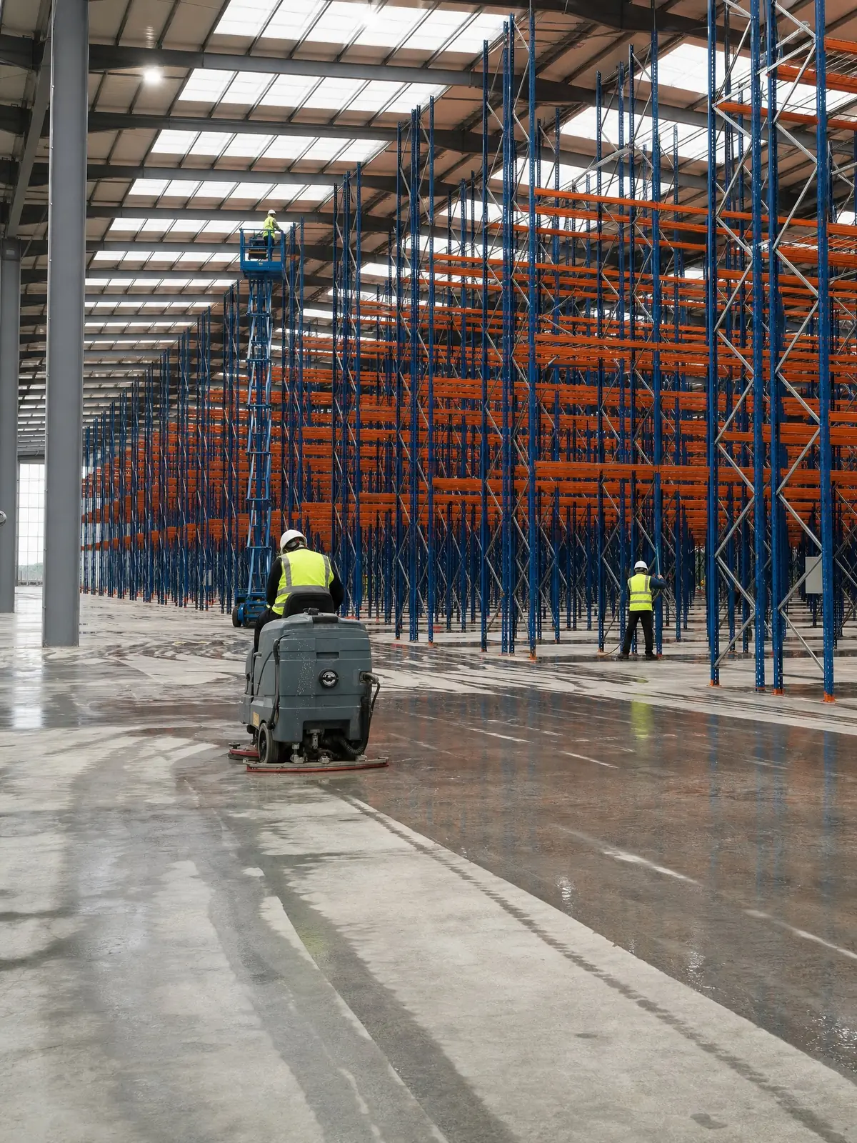 A vast warehouse floor and racking being deep cleaned at scale